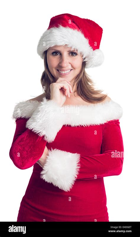 Portrait Of Pretty Woman In Santa Costume Smiling Stock Photo Alamy