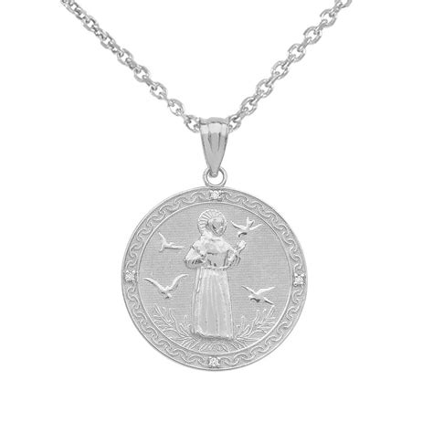 Sterling Silver Saint Francis Of Assisi Cz Round Medal Charm Necklace Small Necklace Silver