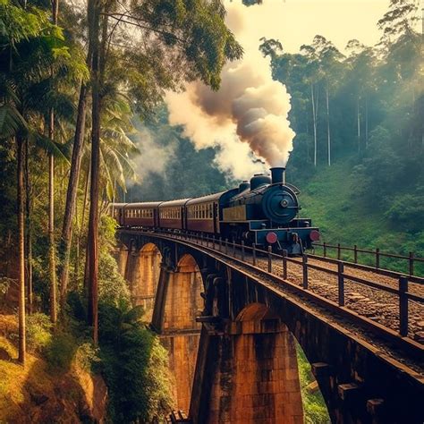 Uma Fotografia Do Velho Trem A Vapor Na Ponte Em Arco Foto Premium