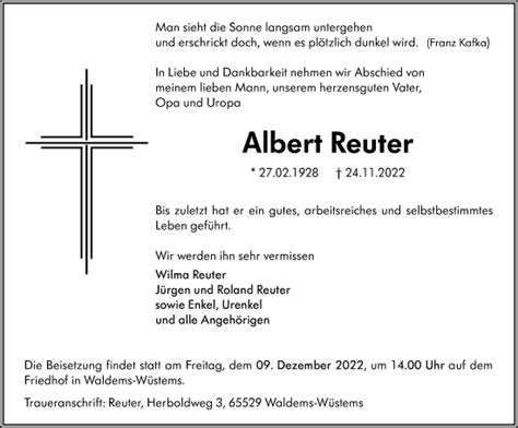 Traueranzeigen Von Albert Reuter Vrm Trauer De