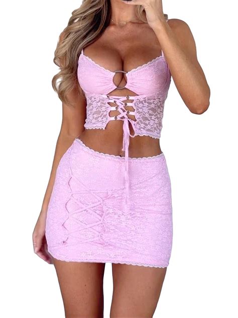 Votuleazi Sassy Women S Summer Lace Outfits With Cutout Cross Tie Cami