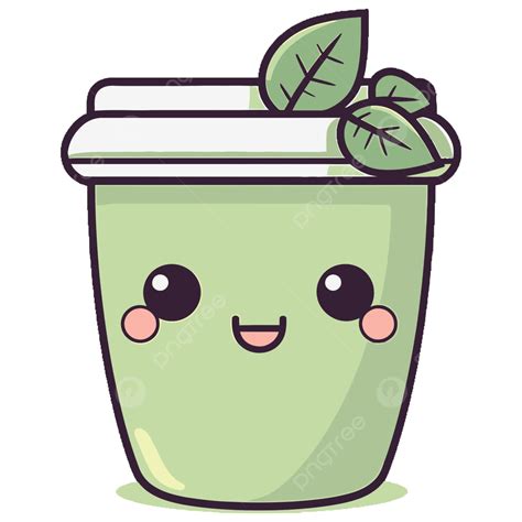 Cute Kawaii Green Tea In The Cup With Leaf Vector, Greentea Kawaii