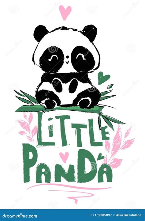 Oso Panda Cute Dibujado a Mano Sentado En El Bambú Ilustración Del