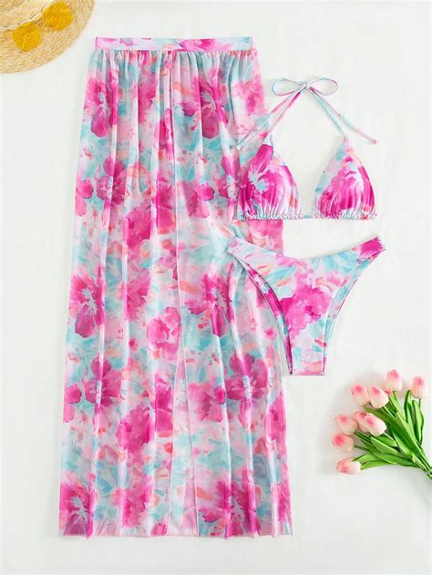 SHEIN Swim Vcay Kwiatowy nadruk Trójkąt Kubek Strój kąpielowy bikini Komplety Biżuterii Z