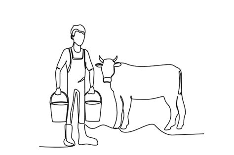 Premium Vector | A man holding a cow farmer and cattle oneline drawing