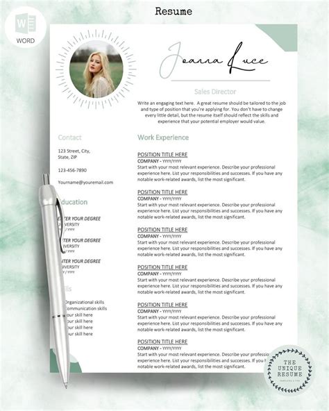 A Green And White Resume Template With A Pen On The Top Of It Next To A