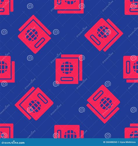 Red Passport With Biometric Data Icon Isolated Seamless Pattern On Blue Background