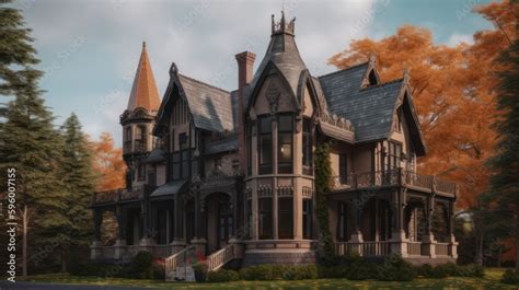 Gothic exterior house design in daytime golden hour generative ai Stock ...