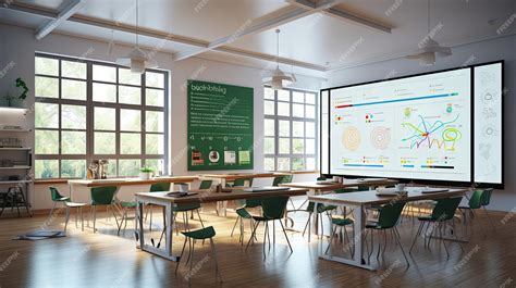 Premium AI Image | A classroom setup with tables chairs and a projector ...