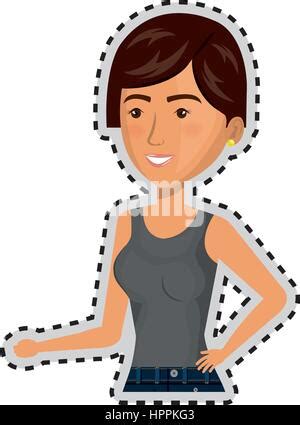 Sticker Half Body Cartoon Brunette Woman In Casual Suit Stock Vector