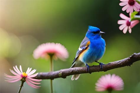 Um pássaro azul cauda azul está sentado em um galho flores ao