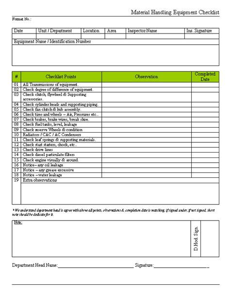 Material handling equipment checklist