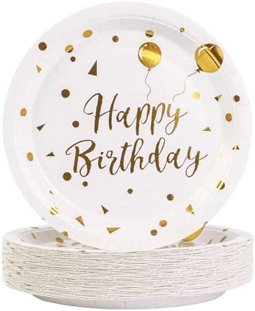 Bokfjbp Pack Party Paper Plates Inch Happy Birthday White And Gold