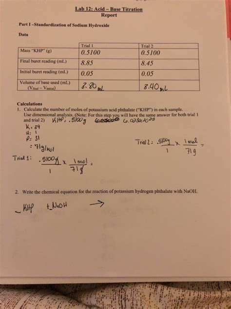 Solved Lab Acid Base Titration Report Part Chegg