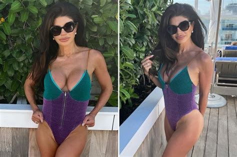 Rhonj Star Teresa Giudice 51 Rocks Plunging Purple Swimsuit On Miami