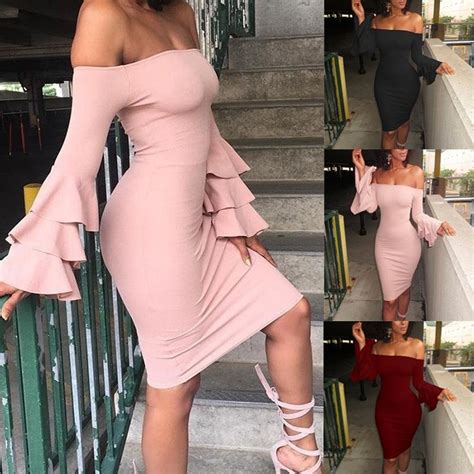 Buy Women Fashion Sexy Off Shoulder Bodycon Dress Sexy Party Cocktail Long Sleeve Dress At