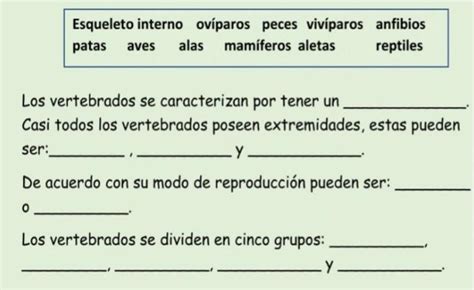 Completa El Texto Los Vertebrados Utilizando Las Palabras Del Recuadro