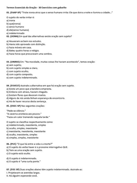 Exercícios sobre Termos Essenciais da Oração | PDF | Assunto (gramática ...