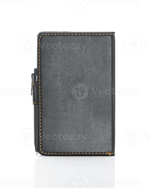 Black leather note book and pen on white 16403472 Stock Photo at Vecteezy