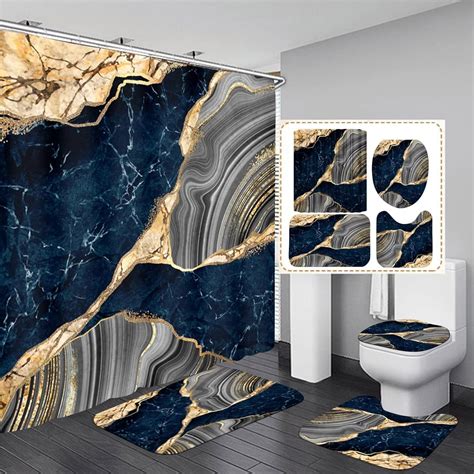 Amazon Nkzply 4 Pcs Blue Marble Shower Curtain Sets With Rugs Gold