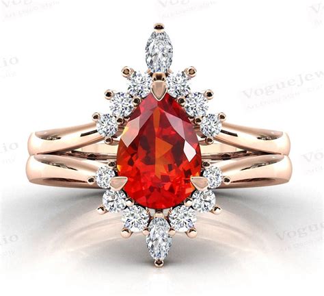 Antique Orange Sapphire Engagement Ring Set Pear Shaped Orange Sapphire