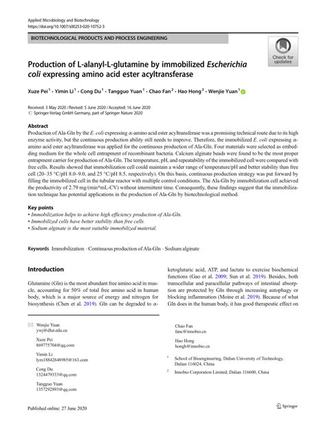 Pdf Production Of L Alanyl L Glutamine By Immobilized Escherichia