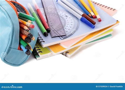 Pencil Case School Books Pens And Supplies Isolated On White