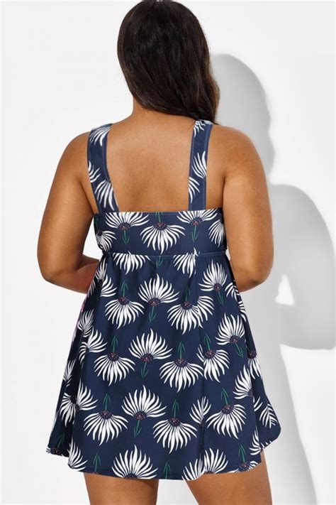 Dusty Blue Floral Print V Neck Swimdress Meet Curve Meet Curve