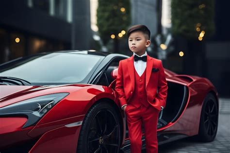 Premium Photo A Boy In A Red Suit Standing Next To A Red Car