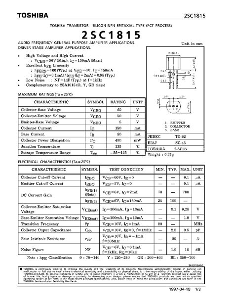 C1815 Datasheet13 Pages Toshiba Silicon Npn Epitaxail Typefor