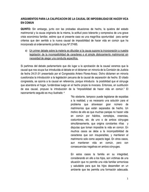 Alegatos Causal Divorcio Por Imposibilidad De Hacer Vida