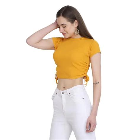 Buy Buynewtrend Yellow Cotton Rib Short Sleeve Crop Top For Women