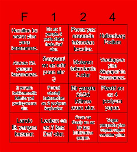 Formula Bingo Card