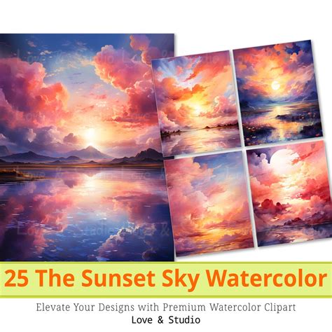 25 Watercolor the Sunset Sky Digital Paper. Fantastic Cloudy Heaven ...