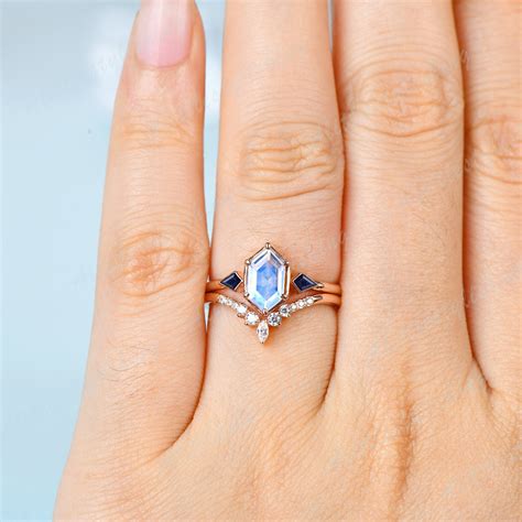 Art Deco Moonstone Engagement Ring Moonstone Wedding Ring Set - Etsy