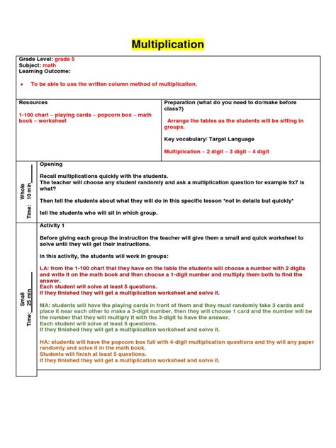 Lesson Plan Multiplication Pdf Multiplication Lesson Plan