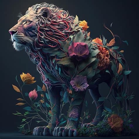 Premium Photo Lion Fantasy Illustration With Flowers Creative Lion