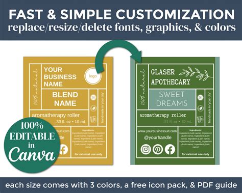 Roller Bottle Label Template Editable In Canva Ml Etsy