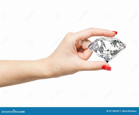 Woman Hand Holding Big 3d Diamond On White Background With Manicured