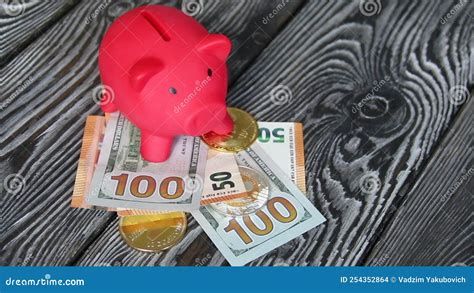 Piggy Bank Among Dollar And Euro Banknotes Cryptocurrency Coins Are