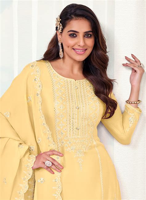 Buy Indian Suits Yellow Designer Embroidery Festive Palazzo Suit