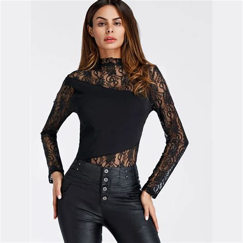 Women Lace Bodysuits Sexy Black One Piece Transparent Mesh Jumpsuits