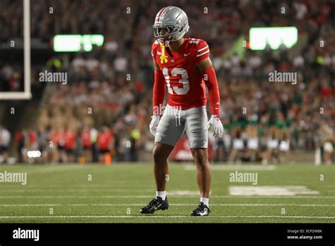 Columbus Oh September 13 Ohio State Buckeyes Cornerback Miles Lockhart 13 Lines Up For A