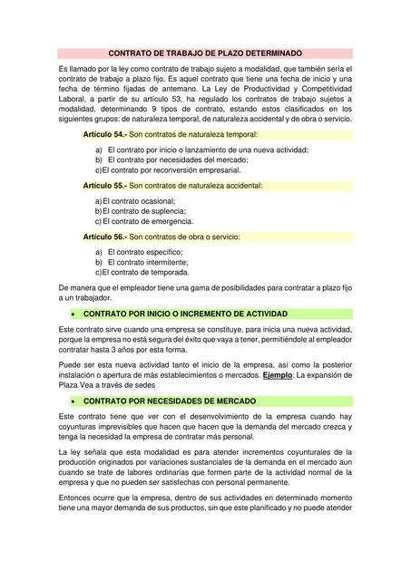 Contrato De Trabajo De Plazo Determinado Y A Plazo Fijo Luna Udocz