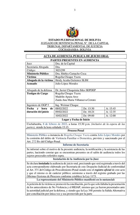 ACTA DE Audiencia Publica Juicio ORAL - ESTADO PLURINACIONAL DE BOLIVIA
