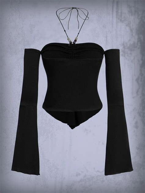 Goth Solid Ruched Halter Neck Flounce Sleeve Top SHEIN USA In 2023