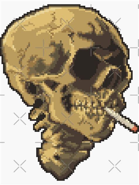 Van Gogh Pixel Art Skull Of A Skeleton With Burning Cigarette