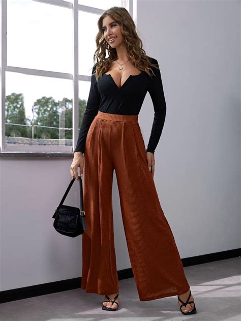 Shein Elastic Waist Rib Knit Palazzo Pants Colored Pants Outfits