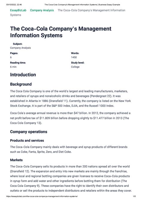 The Coca Cola Companys Management Information Systems Business Essay