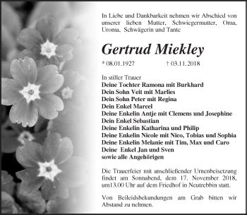 Traueranzeigen von Gertrud Miekley Märkische Onlinezeitung Trauerportal